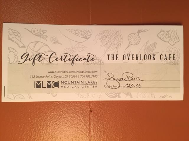 $20 Gift Certificate to the Overlook Café.