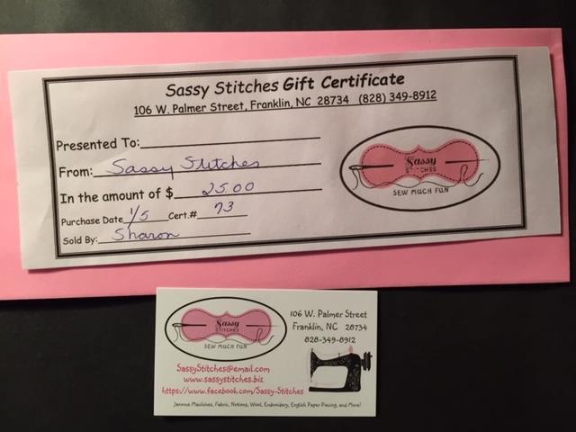$25 Gift Certificate to Sassy Stitches