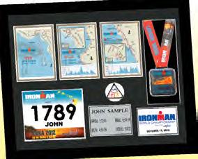 EVENT LOGO PLATE, ENGRAVED PLATE WITH NAME & SPLIT TIMES ADDITIONAL FINISHER S MEDAL 5 X 7 MAT OPENING (COURSE MAP INCLUDED) 2 DISC OF TRIATHLON SYMBOL LAMINATED REPLICA OF YOUR BIB # Includes 3
