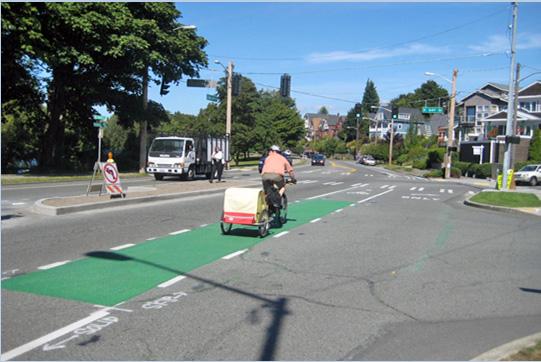 where bicyclists can typically travel at speeds close to motor vehicles. Colored Bike Lane All of the above bike lanes may have green color applied to them to highlight the presence of the bike lane.