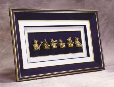GHANA Shadow box of six bronze musicians representing the beautiful music of life and health that Jack