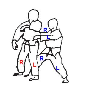 Attacker: Step forwards, performing a middle side piercing kick form the back leg, to the opponent's shoulder. 5.