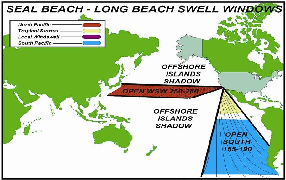 After identifying the local swell windows and shadows caused by the offshore islands that limit the swell directions that can actually arrive in Long Beach, we can identify the specific regions
