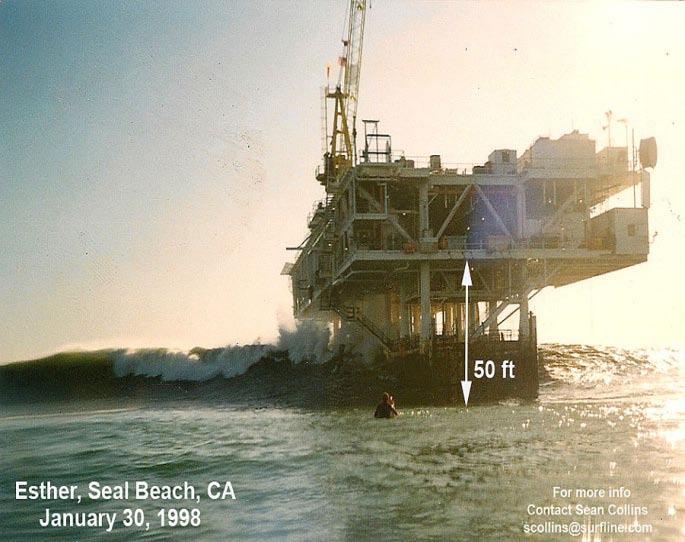 During the 1982-1983 El Nino, a series of massive storms created 25 foot breaking surf off the deep east end of the Long Beach breakwater.