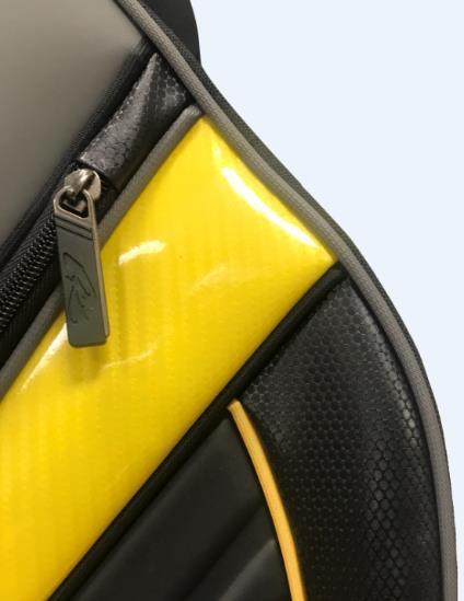 The All-New 2018 PowaKaddy Cart Bag Range Premium Edition Premium Edition in Black with Yellow Trim 14 Individual, full length dividers with PowaKaddy Lift Handle External putter bay Large Golf Ball