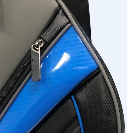 The All-New 2018 PowaKaddy Cart Bag Range Premium Edition Premium Edition in Black with Blue Trim 14 Individual, full length dividers with PowaKaddy Lift Handle External putter bay Large Golf Ball