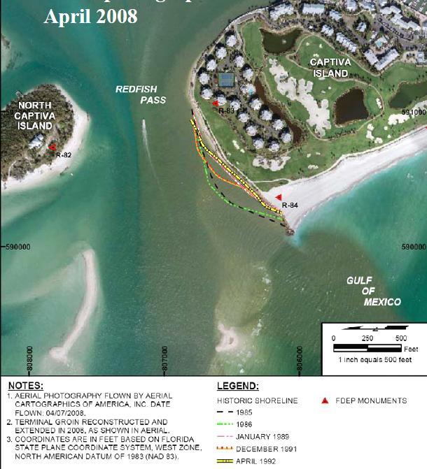 a) Shoreline Changes Shoreline change data for the region inside the inlet indicate a period of erosion from 1985 to 1992 and a gradual retreat of the beach (Figure II-57).