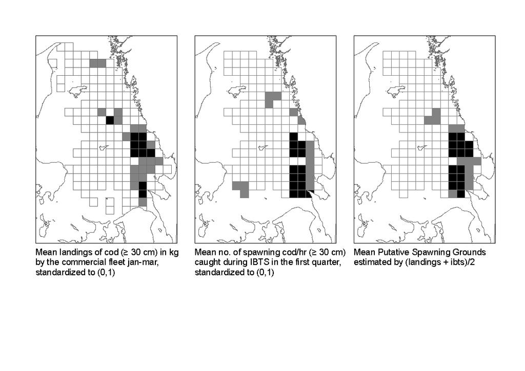 Present cod spawning sites in the Kattegat: Swedish cod fishery in the first quarter of the year in a 5x5 nautic mile grid (left