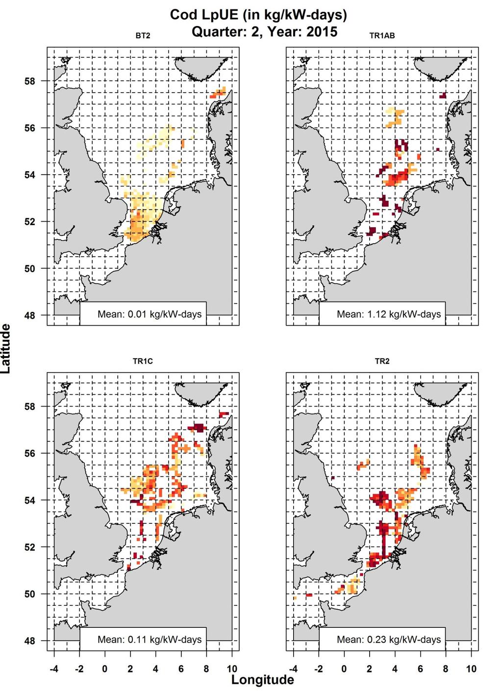 The TR1AB gear had the highest cod LpUE on average (1.12 kg/kw-days) (figure 6, table 2) and high LpUE at almost all areas where fishing was recorded.
