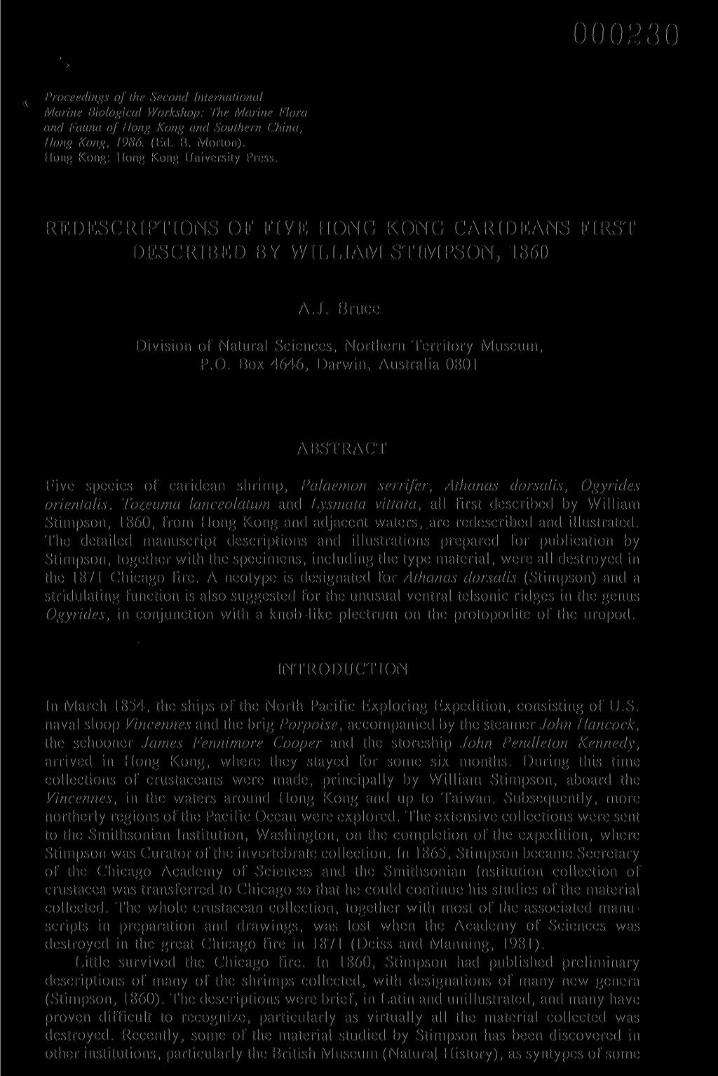 000230 ^ Proceedings of the Second International Marine Biological Workshop: The Marine Flora and Fauna of Hong Kong and Southern China, Hong Kong, 1986. (Ed. B. Morton).
