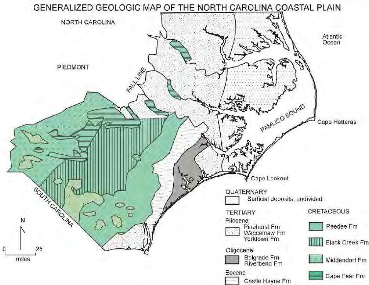 Figure 10. Generalized geologic map of the North Carolina Coastal Plain illustrating the regional outcrop/subcrop patterns of the various stratigraphic units (Mallinson et al., 2009).