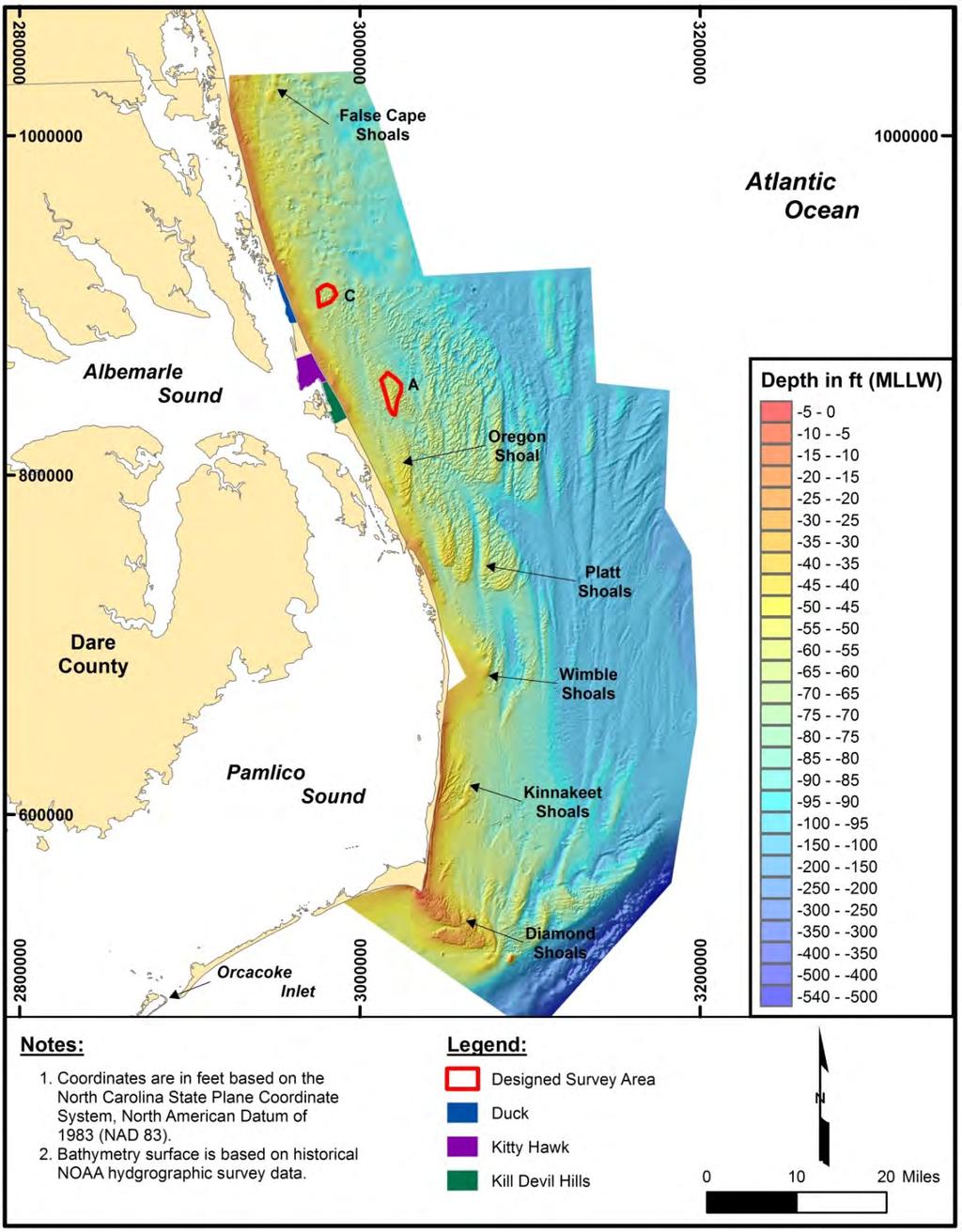 Figure 14. Regional Bathymetry with Potential Borrow Areas and Major Shoal Features. 4.5.