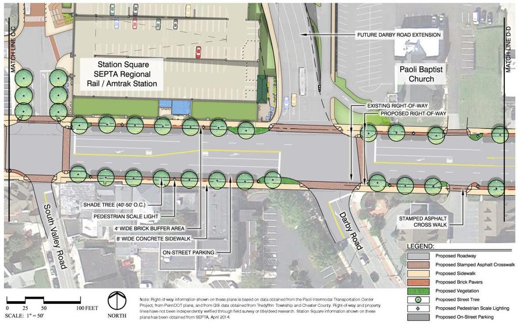 The Paoli Road Improvement Feasibility Study includes a streetscape plan to show how the potential roadway and intersection improvements can incorporate a variety of streetscape elements, including