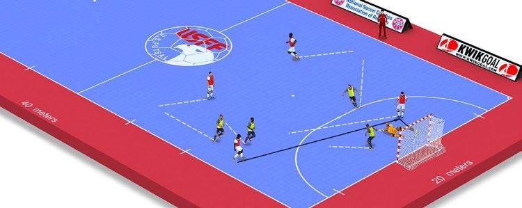 Wide player flicks the ball down the line. The area is half a futsal court with 4 attackers, 4 defenders and a goalkeeper.