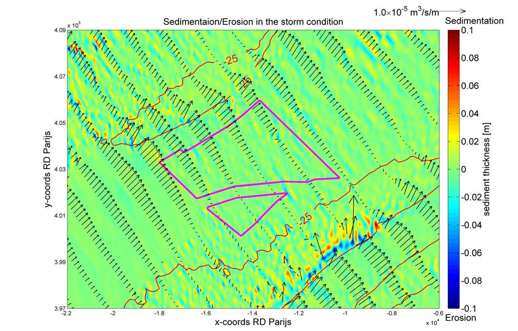 Figure 3-23 Map of sedimentation and erosion calculated over the representative spring-neap tidal cycle in