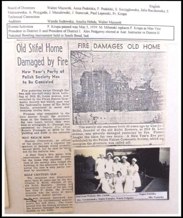 Falcon Home Fire 1938 - Suddenly, like a bold of lightening early on December 31, 1938 the news spread that fire had broken out in the Sokolnia from a faulty flue in the central part of the building.