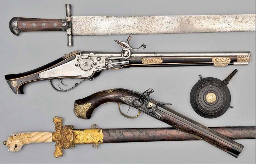 Hunting sword, German, around 1530. With smith s marks and heavy backsword blade. Wheel-lock pistol, German, around 1590. Barrel with master mark. Frame with engraved bone inlays.