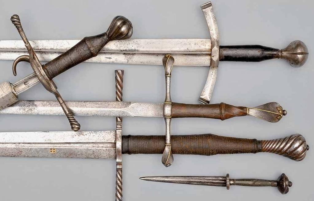 Sword, Italian, around 1490. Contoured iron crossguard and pommel. Blade with central rib and sword mark. Sword, German, around 1530.