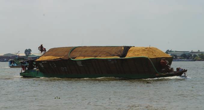 Figure 2 Barge-like boats motor up and down the Mekong River carrying rice to processing mills for husk removal and bagging for export.