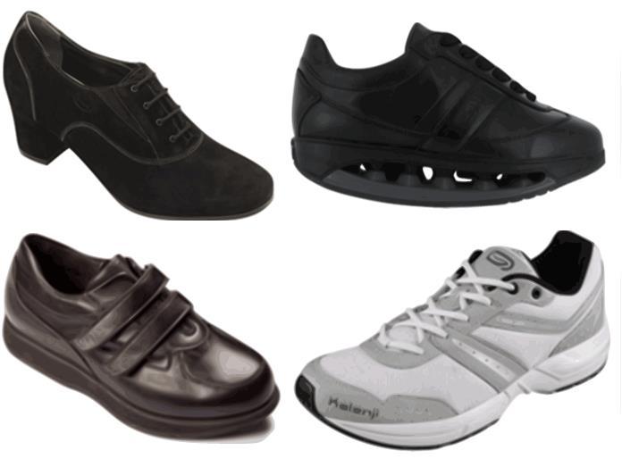 Figure 1: The shoes (Top left: Scholl Flon, Top right: Scholl Starlit, Bottom left: Duna Diabetic Rocker, Bottom right: Kalenji Ekiden 50) Protocol To familiarise themselves with the testing