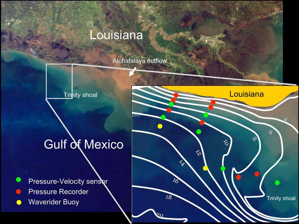 Figure 1. Field site and array plan of the Louisiana Mud Experiment. Mud deposits from the Atchafalaya River are evident in the satellite image. White lines indicate depth contours in m.