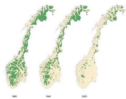 Fig. 4. Changes in the area of undisturbed land between 1988 and 2003 (Source: Statens kartverk/dn) Wild reindeer When the glaciers withdrew at the end of the last ice-age, some 10.
