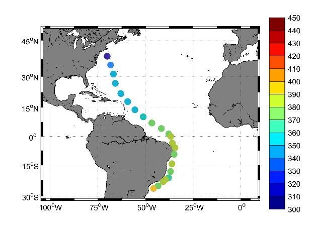 Oceanography Volvo Ocean Race 2017-2018 Measurements of pco 2 showed a fitting transition from higher concentrations in southern and equatorial Atlantic samples to lower concentrations further north.