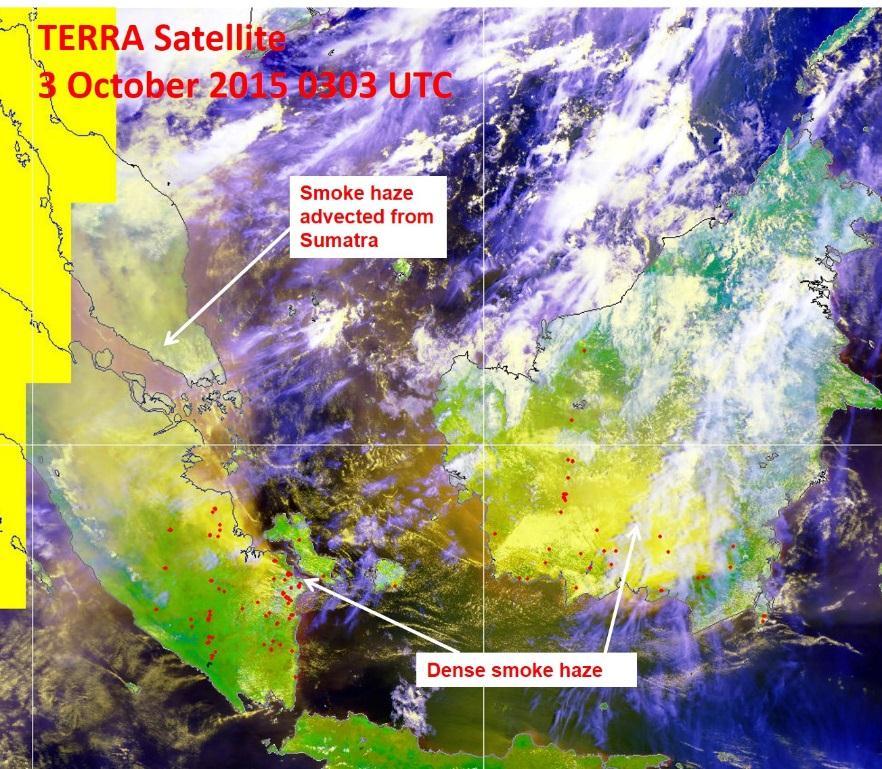 Figure 2B: TERRA satellite image on 3 October 2015 shows smoke haze from Sumatra affecting Peninsular Malaysia and Singapore.
