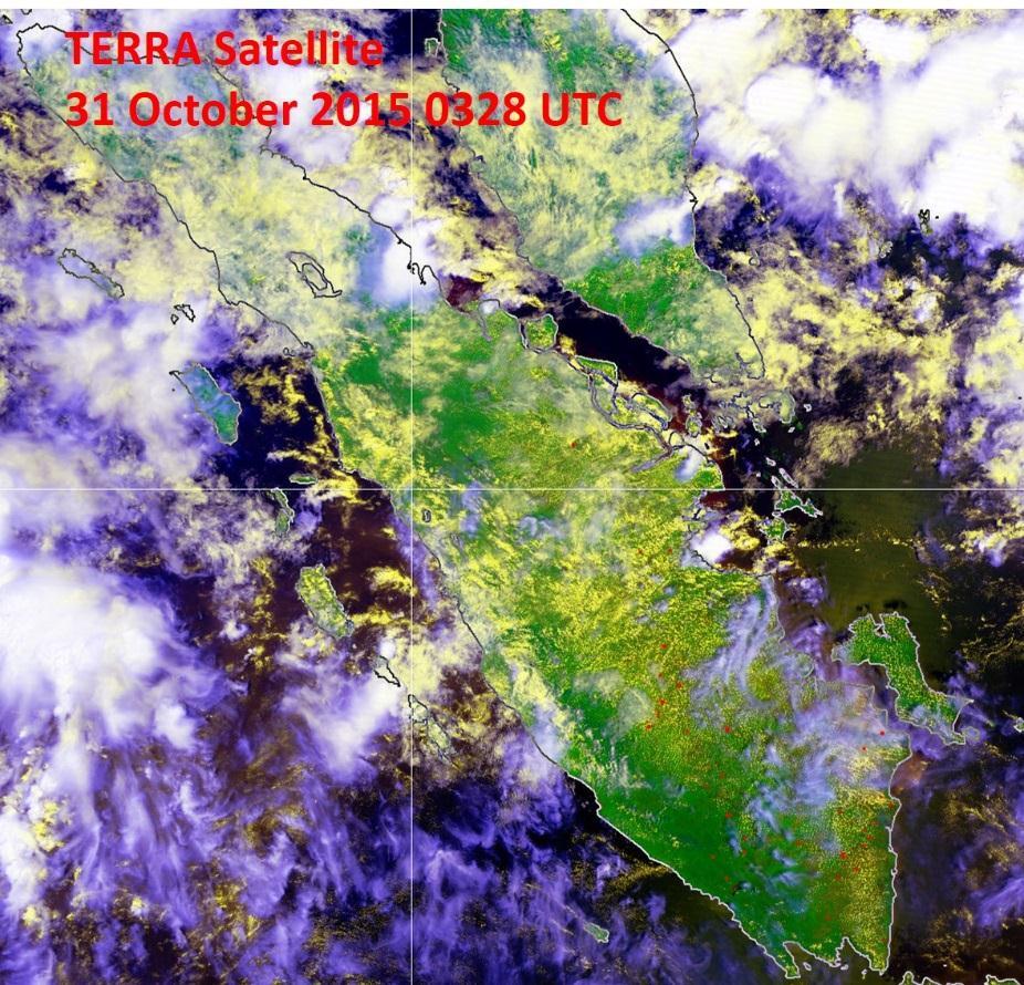 Figure 2F: TERRA satellite picture on 31 October 2015 shows a significant improvement to the haze situation in Sumatra due to increased shower activities in the region in late-october 2015 in late-