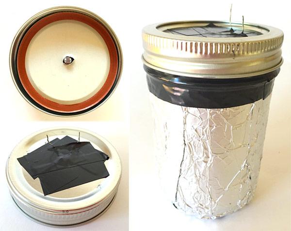 Figure 3. Preparing your light-measuring device by inserting the photoresistor into the lid of a glass jar (left) and wrapping the jar in aluminum foil (right).