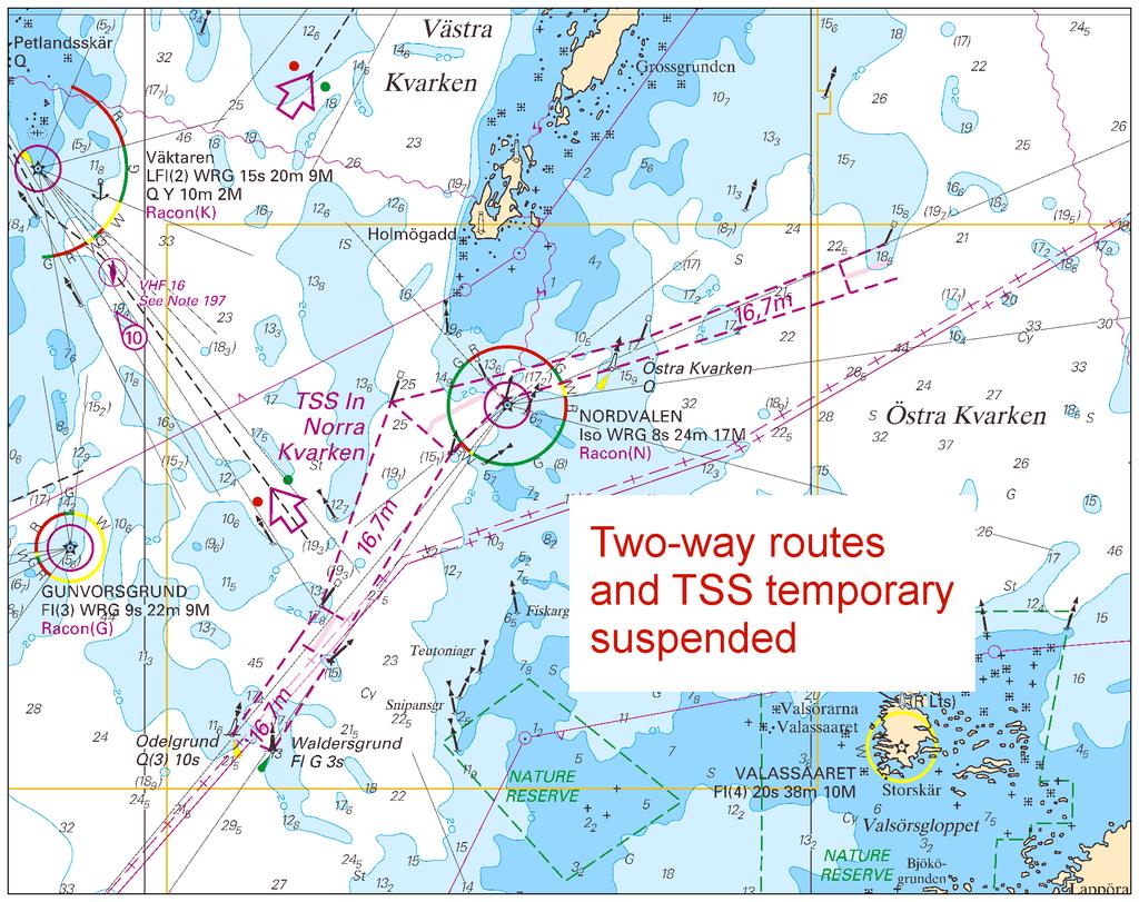 2016-03-03 4 No 588 Two-way routes and TSS temporary suspended. Transportstyrelsen. Publ. 3 mars 2016 Sea of Bothnia * 10987 (T) Chart: 523 Sweden. Sea of Bothnia. Härnösand. Västra kanalen.