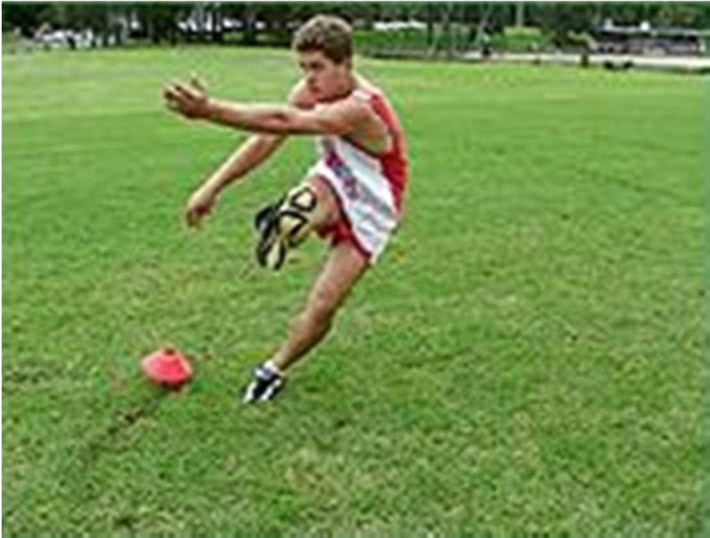 - The leg straightens, and with the toes pointed, contact is made on the ball with a