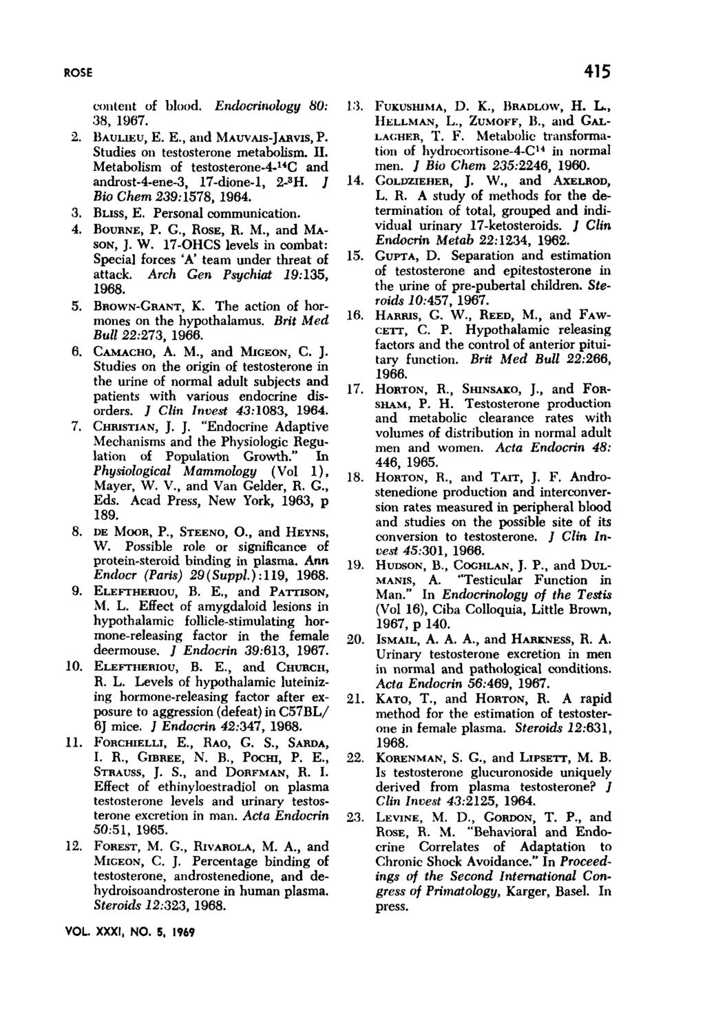 ROSE 415 content of blood. Endocrinology 80: 38, 1967. 2. BAULIEU, E. E., and MAUVAIS-JAHVIS, P. Studies on testosterone metabolism. II.