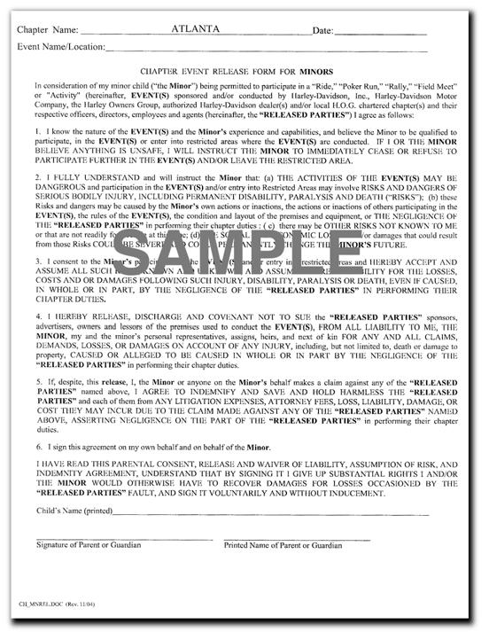 CHAPTER EVENT RELEASE FORM FOR MINORS This release for must be signed by a minor s parent or guardian whenever a minor Participates in any chapter event other than a chapter meeting.