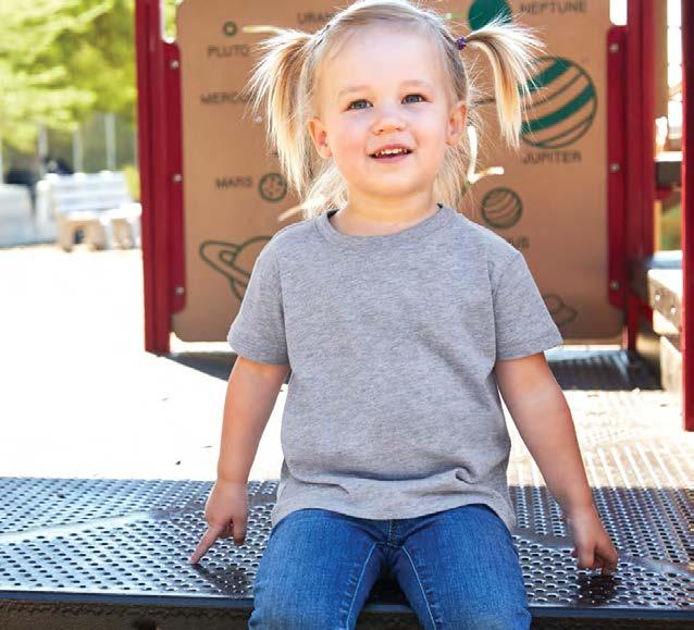 3110 TODDLER COTTON TEE Fine Jersey. 32 singles 145g/4.3oz 100% Combed Ring-Spun Cotton (Heather Gray 90% Cotton/10% Poly). Set in collar 1x1 baby rib. Hemmed sleeves. Side seamed. Tear Away Label.