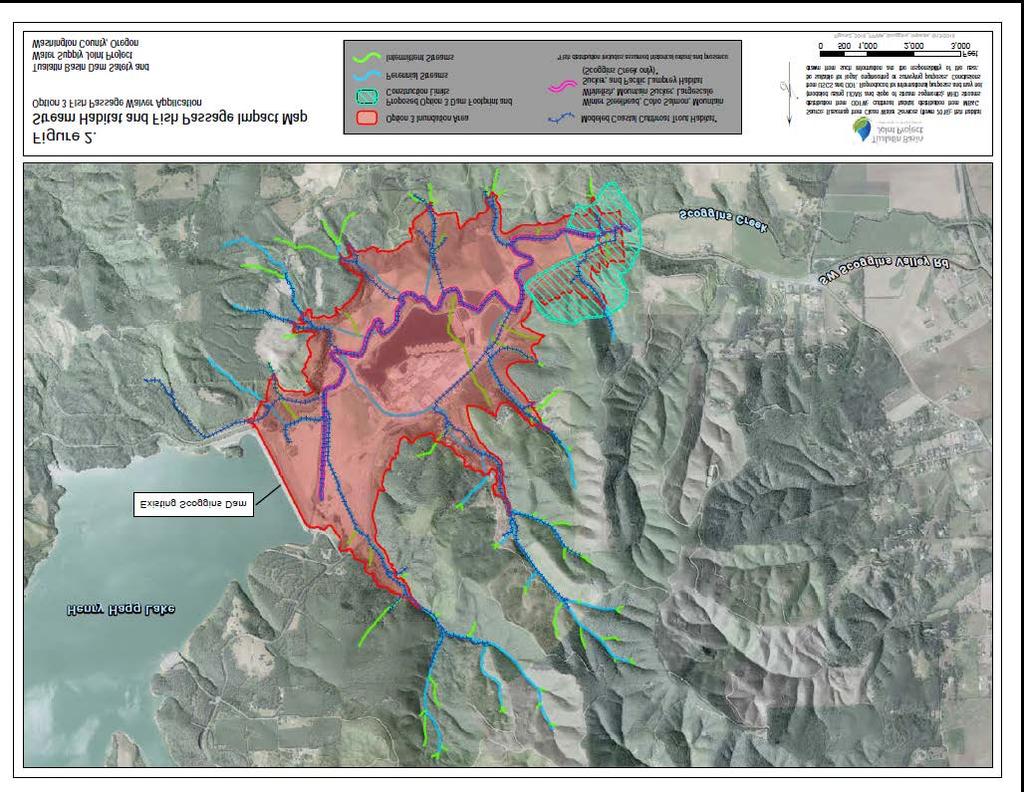 Figure 2. Option 3 Dam site location downstream from the existing Henry Hagg Lake. Red area identifies the proposed inundation zone create by the new dam.