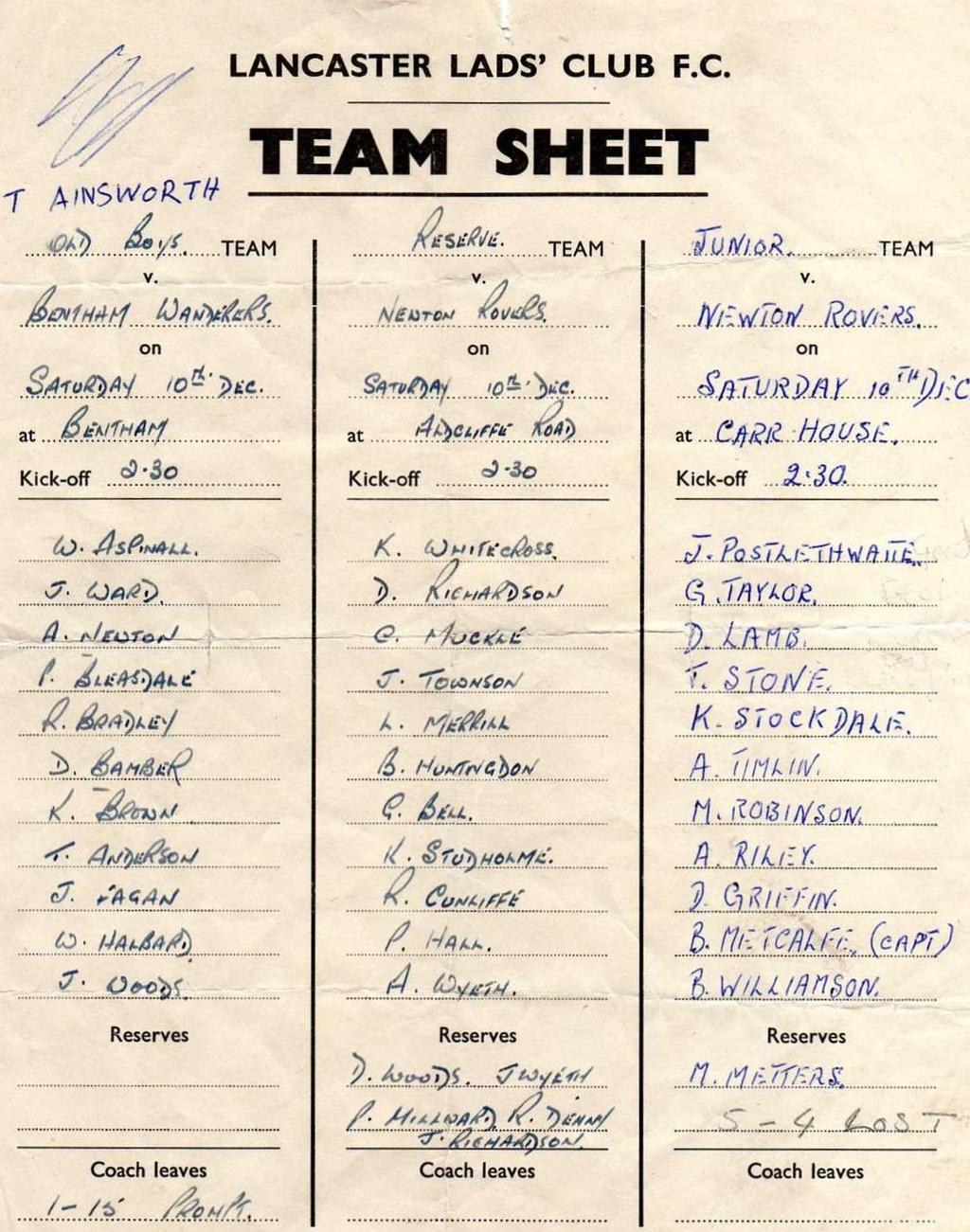 Chapter 6: The Fifth Year 1961-62 This copy of a team sheet from December 1960 has only just come into my possession.