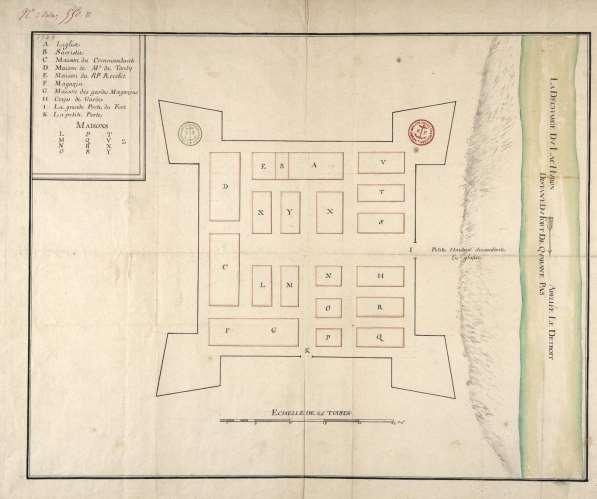 Chaussegros de Léry s 1749 copy of the 1702 map of the Fort A. L Eglise [Church] B. Sacristie [Sacristy, place where religious supplies are kept] C. Maison [House] du Commandant D. Maison de M.