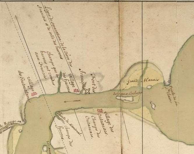 Cropped portion of the previous map American Side (left to right) Potawatomi Village Huron Village