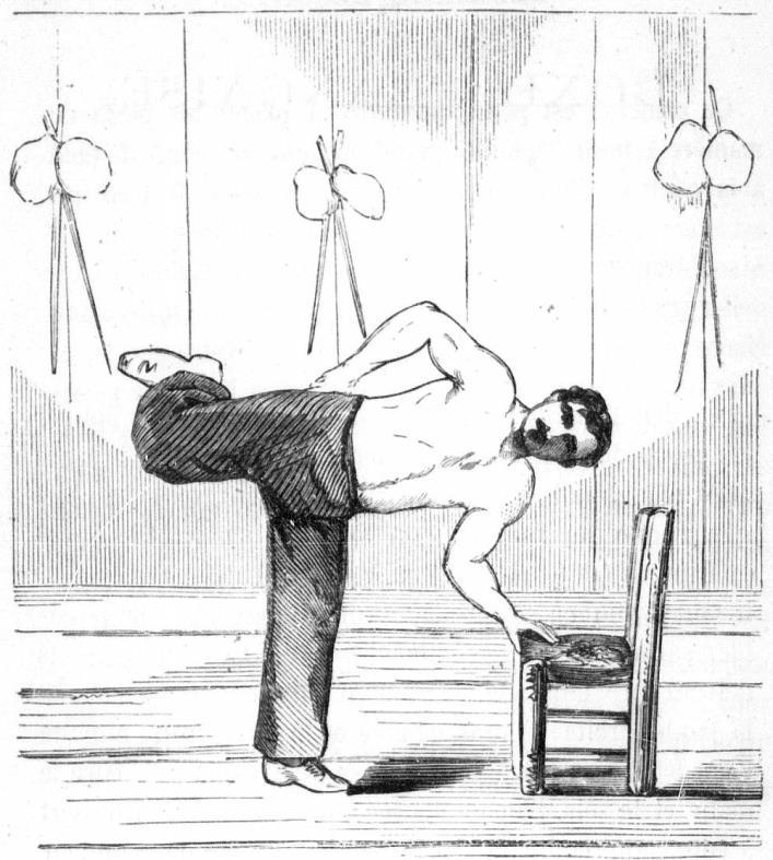 Second lesson The principle is to learn to place the feet in such a way to keep balance when one throws a kick at a man s chest; turn the heel of the foot which is on the ground, beside the leg which