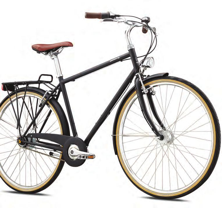 bike: 700C wheels, equipped with matching fenders and chainguard, rear rack, kickstand, and bell.