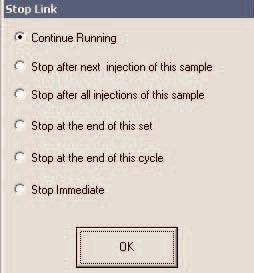 3.6. Stopping a sequence A Sequence may be stopped at any time using the Stop icon on the main toolbar. Clicking the icon brings up the Stop Link dialogue box.