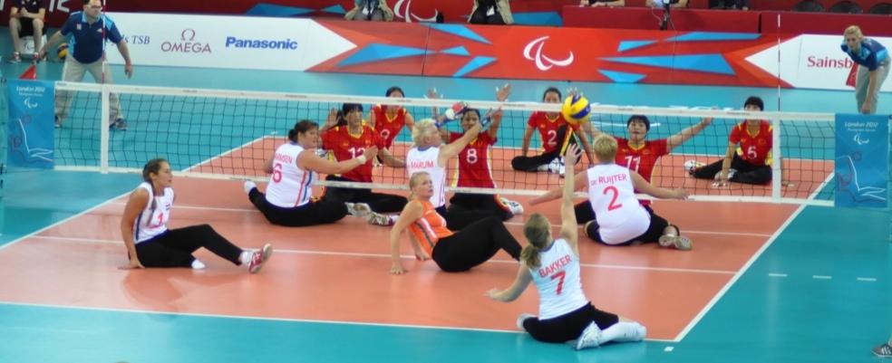 Volleyball The Game Sitting Volleyball (differences are shown in red) 18 m x 9 m Court Size 10 m x 6 m Men 2.43m Women - 2.24m Mixed 2.35m Net Height Men 1.15m Women 1.05m Mixed 1.