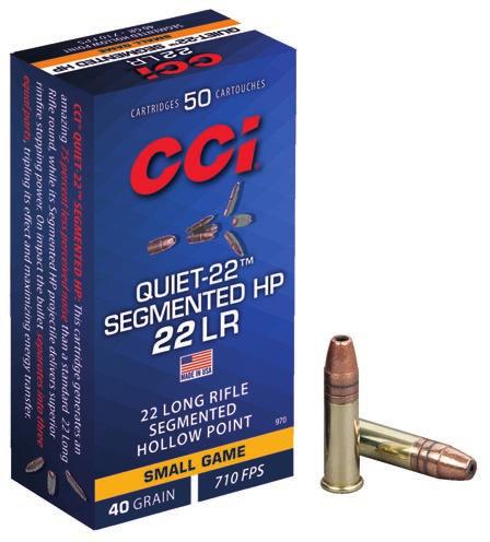 40-grain Segmented HP bullet breaks into three pieces on impact 75 percent less perceived noise than standard 22 Long Rifle No hearing protection needed when fired in locked-breech firearms Standard