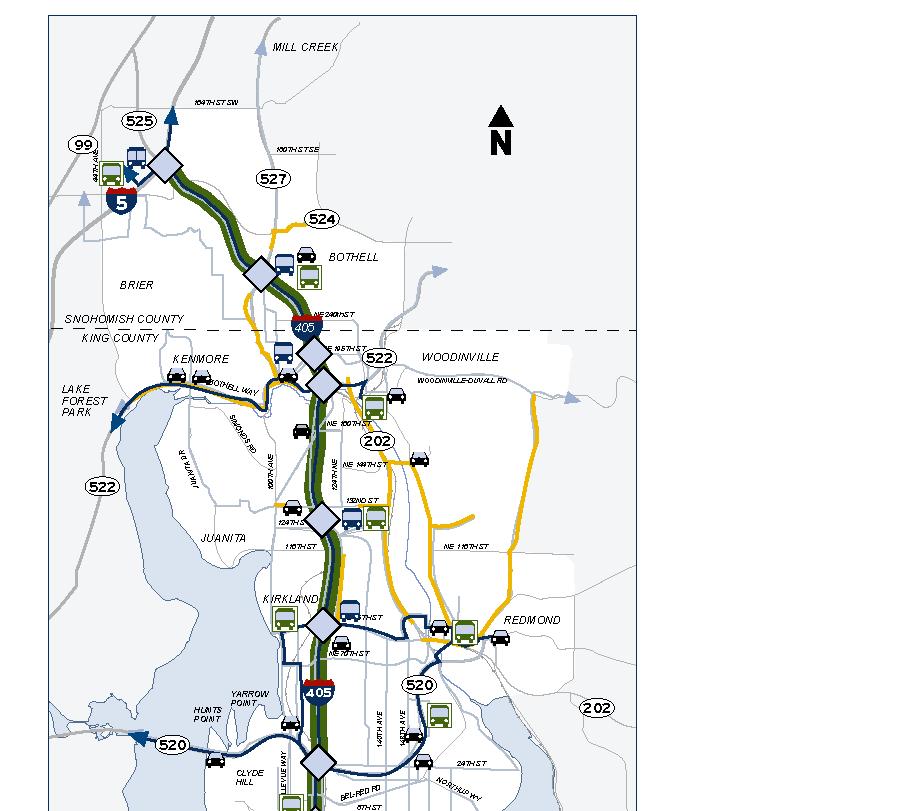 I-405 Master Plan Regional Consensus EIS Record of Decision, 2002 Roadways 2 new lanes in each