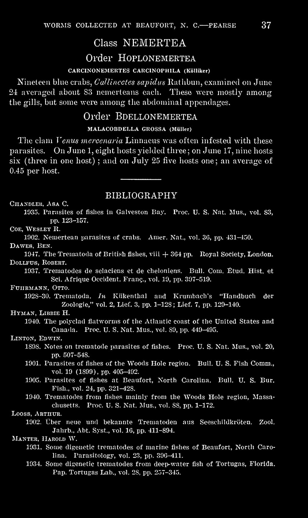 Parasites of fishes in Galveston Bay. Proc. U. S. Nat. Mus., vol. 83, pp. 123-157. CoE, Wesley R. 1902. Nemertean parasites of crabs. Amer. Nat., vol. 36, pp. 431-450. Dawes, Ben. 1947.