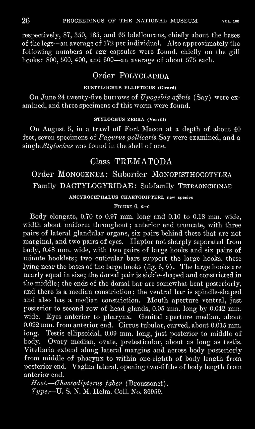 one. Class TREMATODA Order Monogenea: Suborder Monopisthocotylea Family DACTYLOGYRIDAE : Subfamily Tetraonchinae ANCYROCEPHALUS CHAETODIPTERI. new species FiGtrBE 6, a-c Body elongate, 0.70 to 0.
