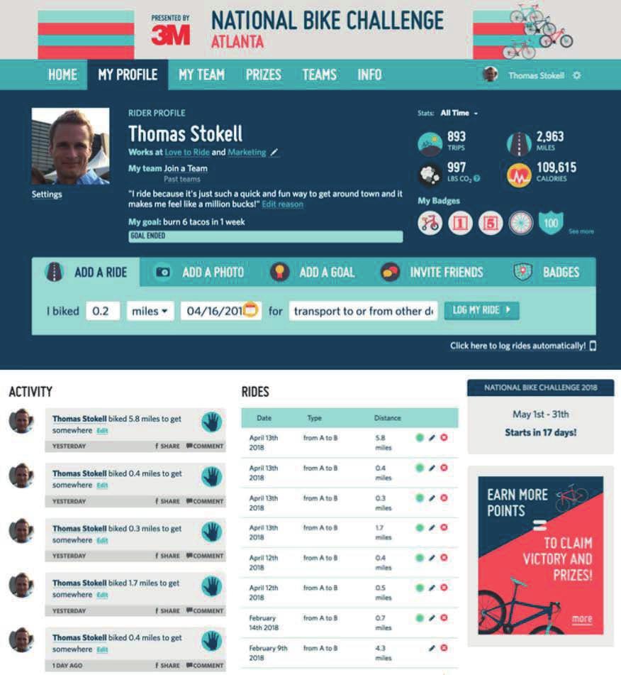 Personal Profile Page View your stats and progress, set goals, achieve badges, add photos, invite friends and colleagues to join in too Log rides quickly and