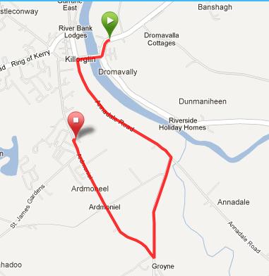 Team car deviation: At the Bianconi Inn turn left, and follow the finishing circuit for Monday in reverse to arrive at Killorglin Sports and Leisure Centre.