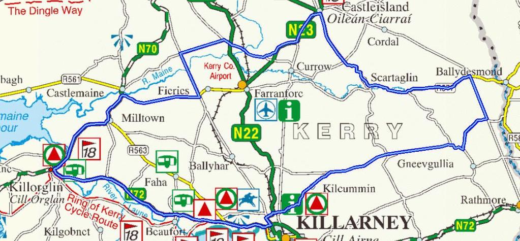 Kerry Group Rás Mumhan, Map Stage 1, Sliebh Luchra, Friday 30 th March 2018 Route in brief: Start at 2:50pm. Turn right over the bridge on N72 direction Killarney.